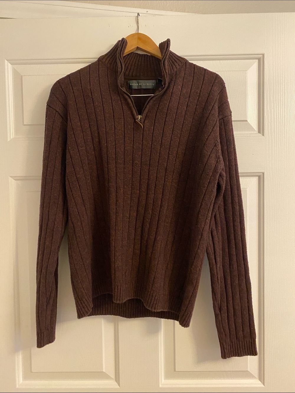 Oscar de la Renta Men's Brown Ribbed Half-Zip Sweater